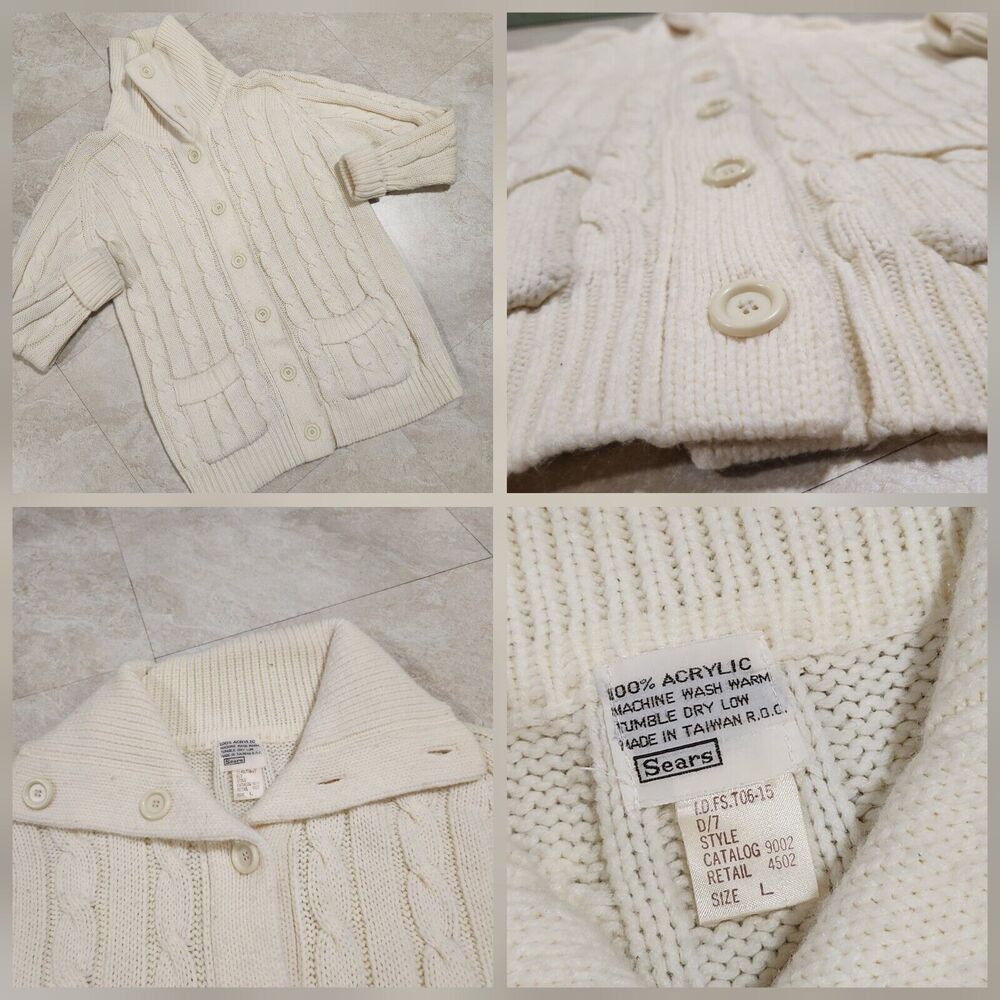 VTG Sears Womens L Large Acrylic Cableknit‎ Button Front Cardigan Sweater